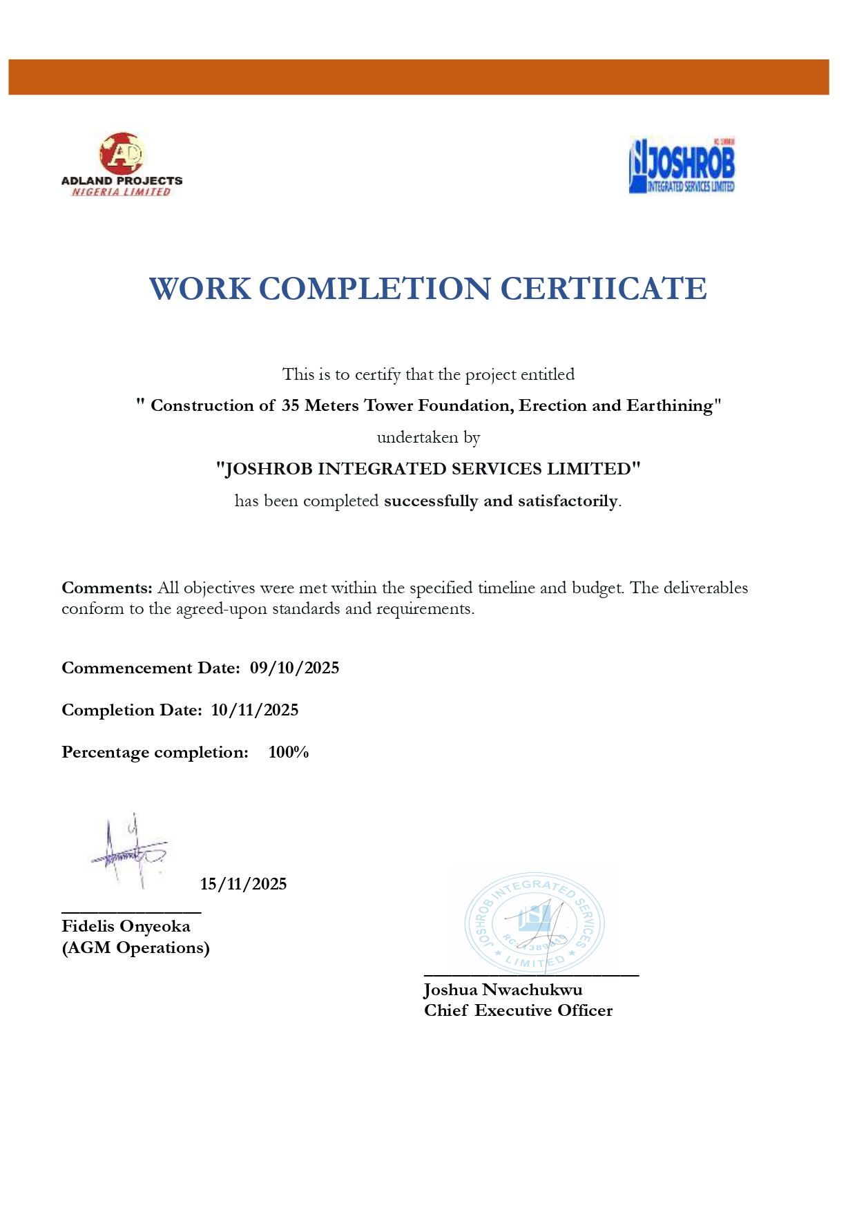 Work Completion Certificate